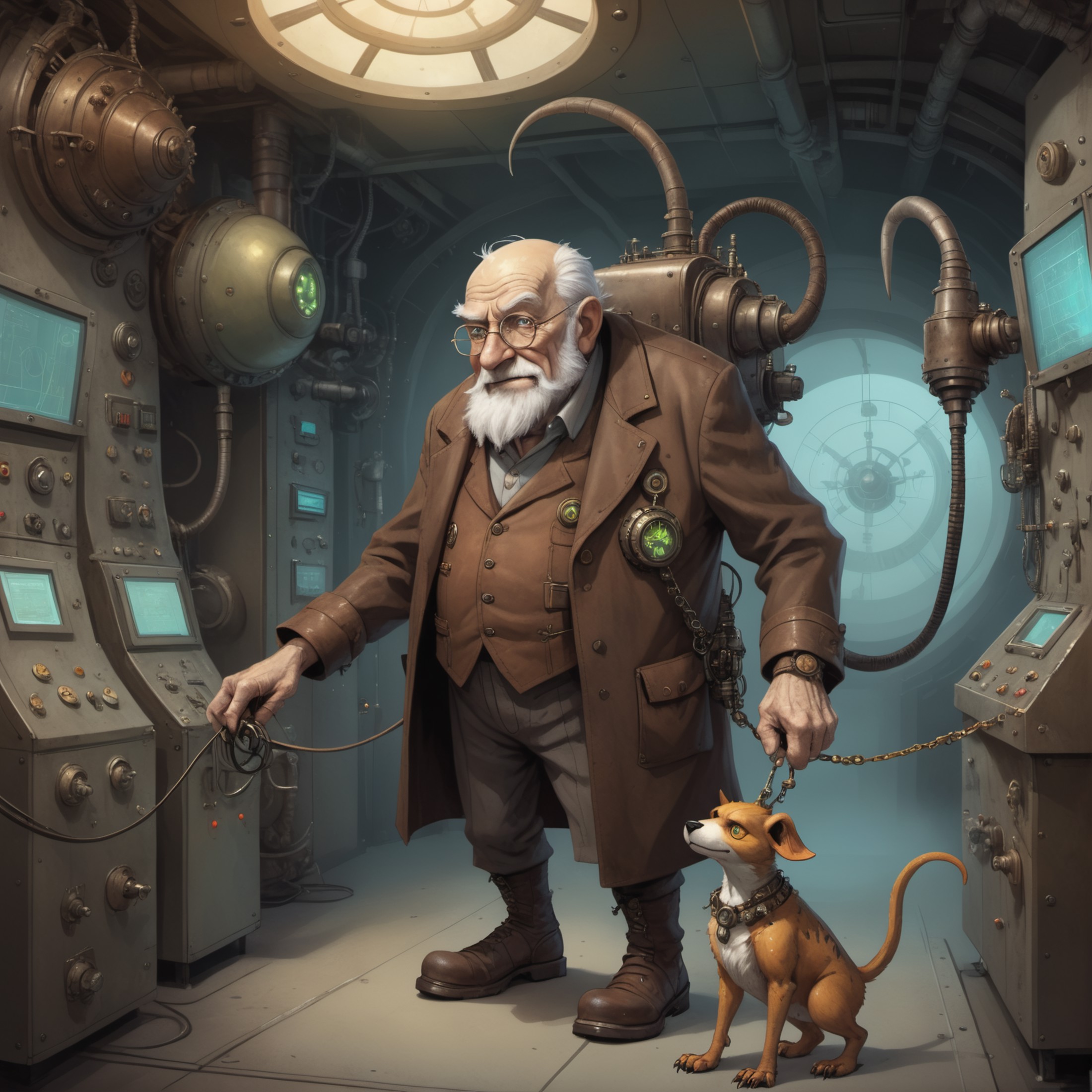 an old man with his giant dethclaw pet on a leash, steampunk happy Funny cartoonish at a complex nuclear control room, by ...
